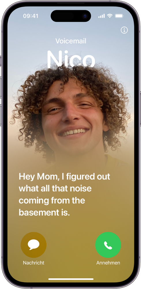 Ein Anrufbildschirm zeigt eine Live Voicemail von einem Kontakt namens Nico. Unter dem transkribierten Text befinden sich die Tasten für „Nachricht“ und „Annehmen“ für den Anruf.