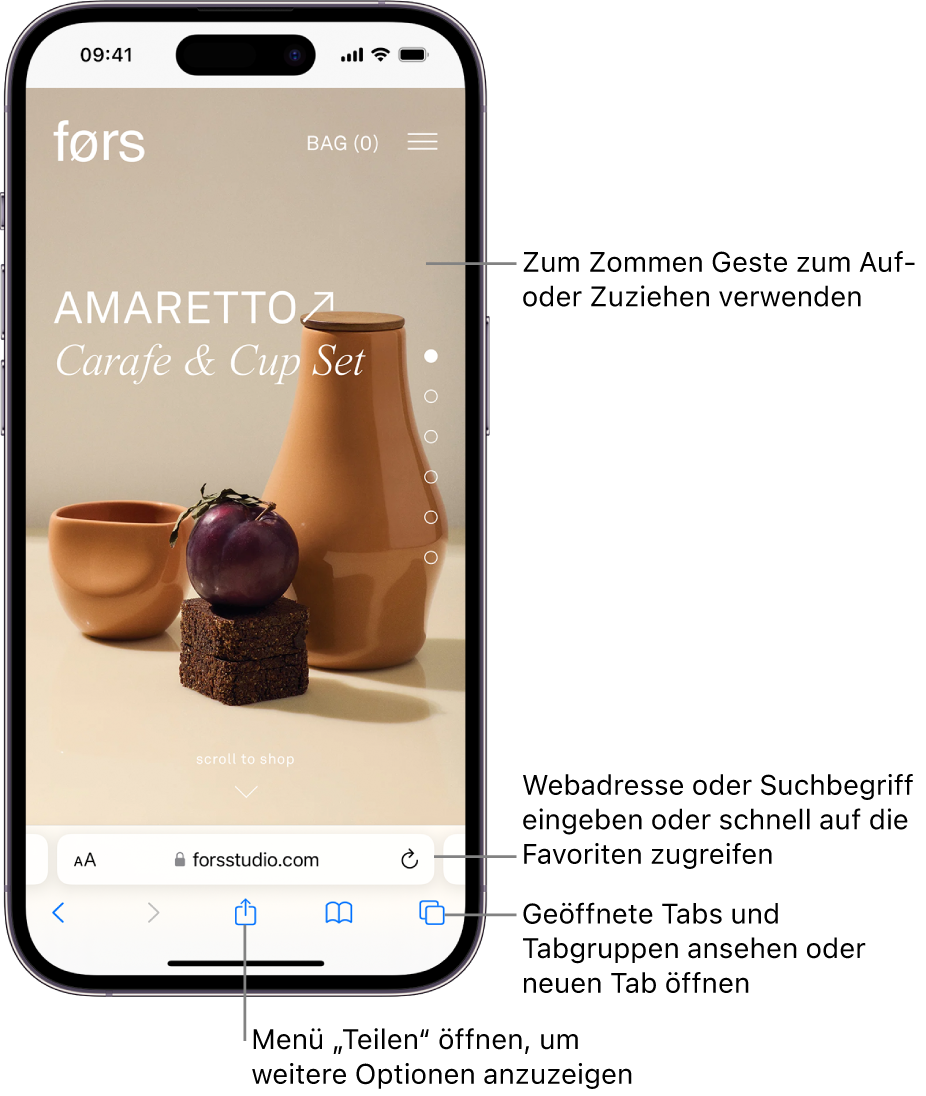 Eine Website ist in Safari geöffnet, das Adressfeld befindet sich unten. Unten sind von links nach rechts die Tasten „Zurück“, „Vorwärts“, „Teilen“, „Lesezeichen“ und Tabs“.