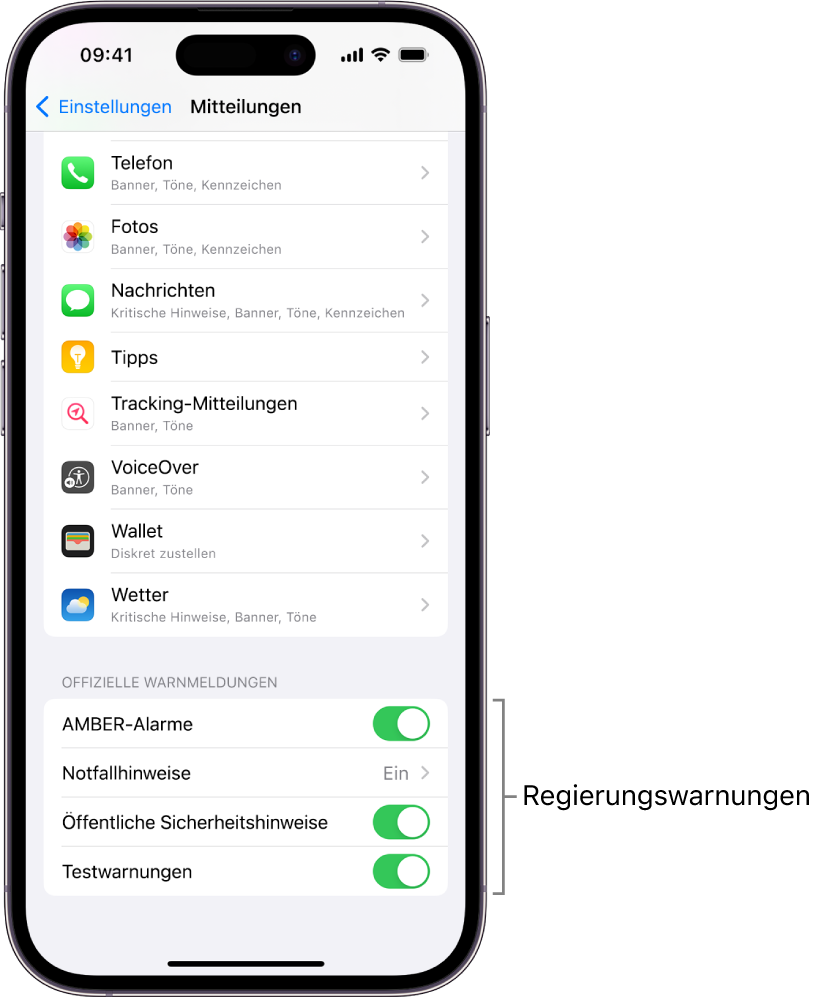 Der Bildschirm „Mitteilungen“ mit der aktivierten Funktion „Offizielle Warnmeldungen“, um behördliche Warnmeldungen zu erhalten.