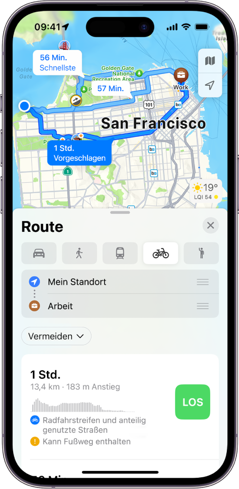 Eine Karte mit Optionen für Fahrradrouten. Die Routenkarte unten enthält Details, darunter die voraussichtliche Wegzeit, Höhenunterschiede und Straßenarten. Die Taste „Los“ wird rechts neben den Routendetails angezeigt.