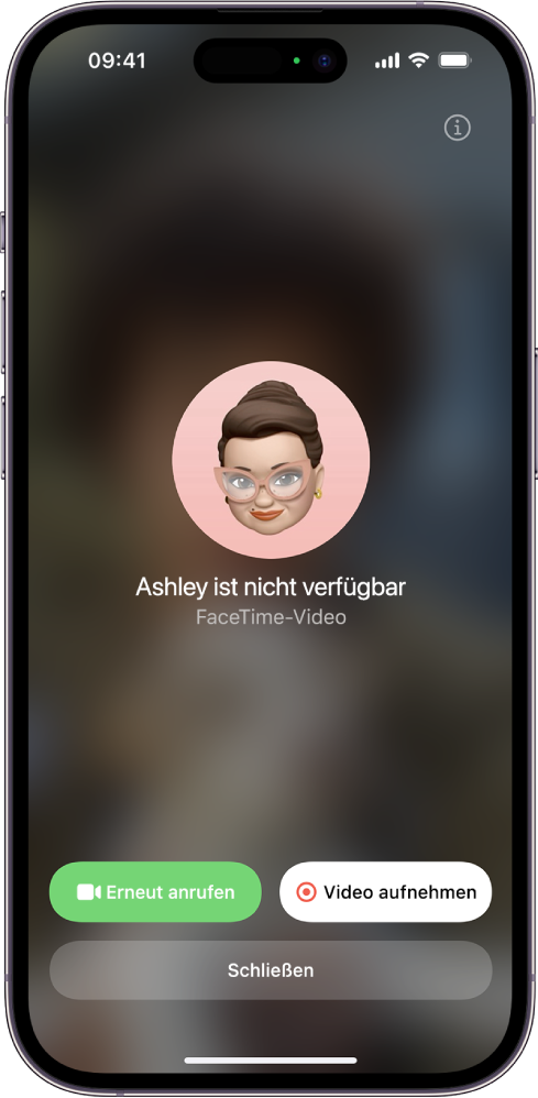 Der Bildschirm zum Aufnehmen einer Videonachricht, wenn eine angerufene Person nicht verfügbar ist. Er enthält die Tasten „Erneut anrufen“ und „Video aufnehmen“, auf die du zum Aufnehmen einer Videonachricht tippen kannst.