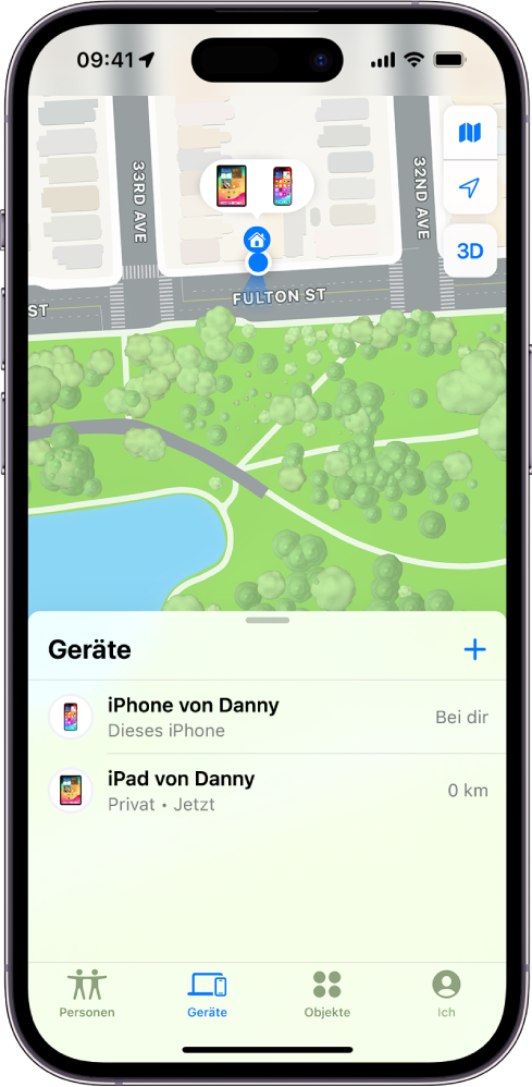 Der Bildschirm „Wo ist?“ auf dem zwei Geräte zu Hause zu sehen sind.