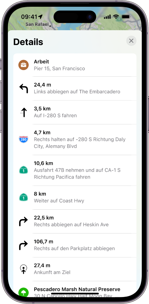 Die detaillierten Wegbeschreibungen einer Route werden in einer Liste angezeigt.