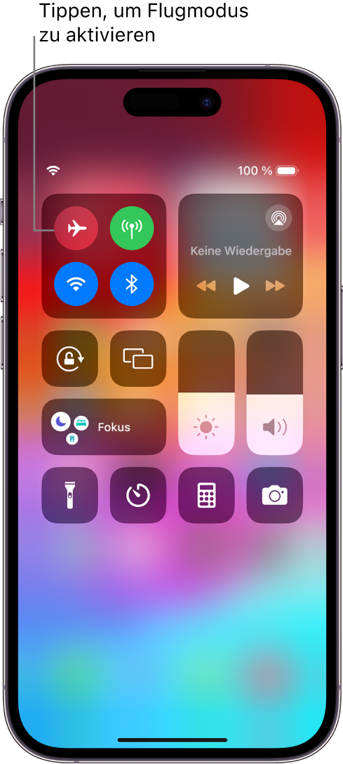 Der Bildschirm des Kontrollzentrums zeigt, dass durch Tippen auf die Taste oben links der Flugmodus aktiviert wird.