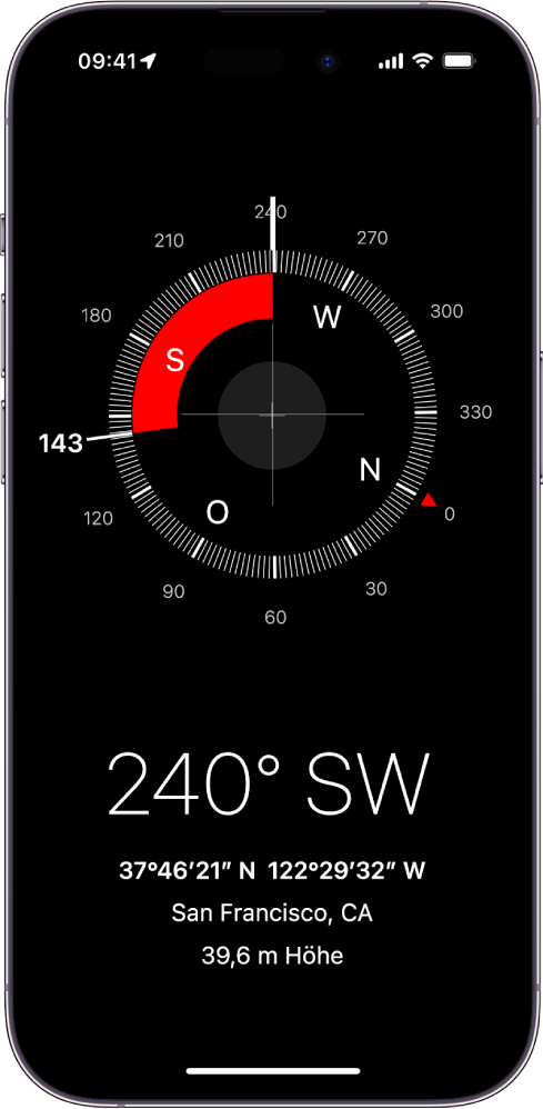 Die App „Kompass“ mit der Richtung, in die das iPhone zeigt, sowie den Koordinaten und der Höhe des aktuellen Standorts.