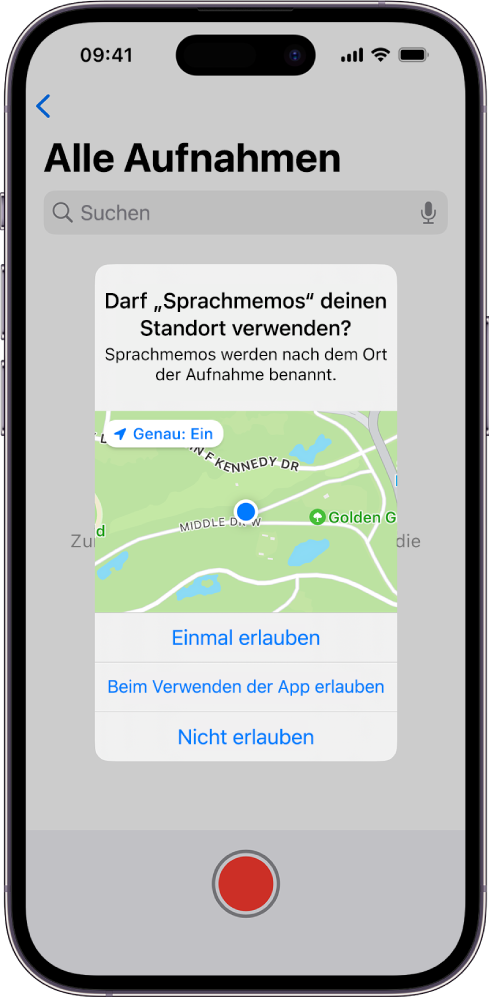 Eine App-Anfrage zur Verwendung deiner Standortdaten auf dem iPhone. Die verfügbaren Optionen sind „Einmal erlauben“, „Beim Verwenden der App erlauben“ und „Nicht erlauben“.