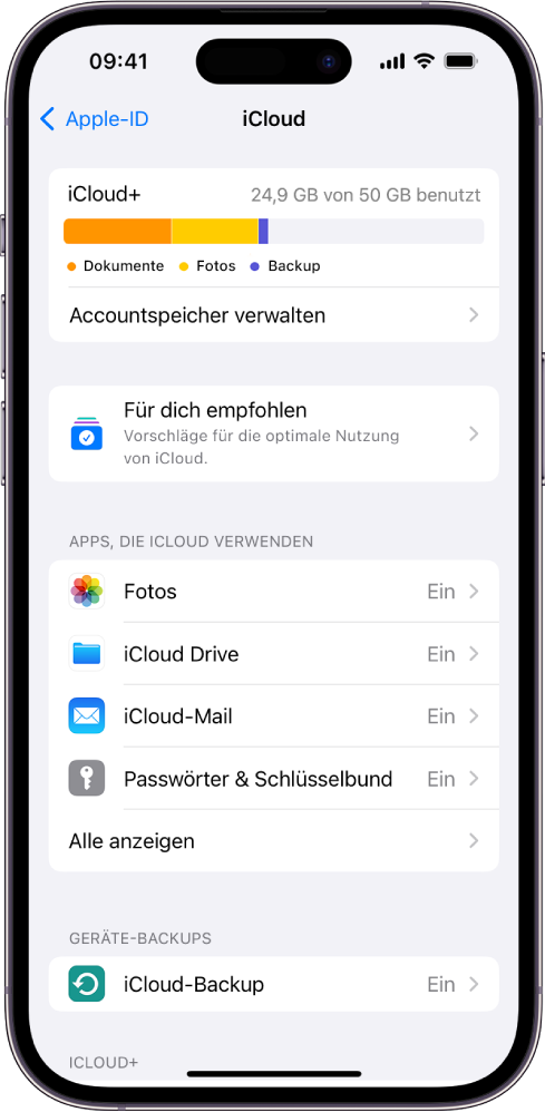 Bildschirm mit den iCloud-Einstellungen mit der Nutzungsanzeige für den iCloud-Speicher und einer Liste von Apps und Funktionen, die mit iCloud verwendet werden können.