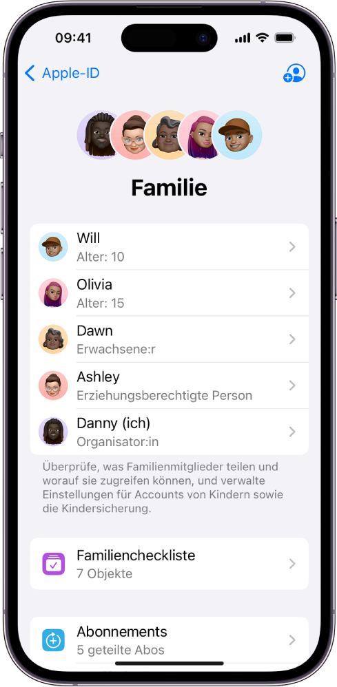 Der Bildschirm „Familienfreigabe“ in der App „Einstellungen“. Es sind fünf Familienmitglieder aufgeführt und vier Abos werden mit der Familie geteilt.