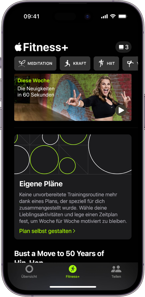 Der Bildschirm „Apple Fitness+“ mit verschiedenen verfügbaren Trainingsarten und einem Bereich zum Erstellen eines eigenen Plans.