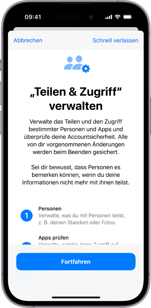 Der Bildschirm „‚Teilen & Zugriff‘ verwalten“ im Bereiche „Sicherheitsprüfung“ der App „Einstellungen.