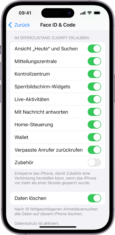 Der Bildschirm „Face ID & Code“ mit Einstellungen zum Erlauben des Zugriffs auf bestimmte Funktionen, wenn das iPhone gesperrt ist.