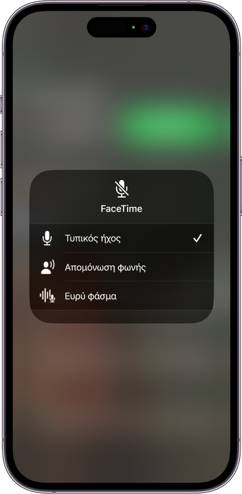 Οι ρυθμίσεις Μικροφώνου στο Κέντρο ελέγχου για κλήσεις FaceTime, όπου εμφανίζονται οι ρυθμίσεις ήχου: Τυπικός, Απομόνωση φωνής, και Ευρύ φάσμα.