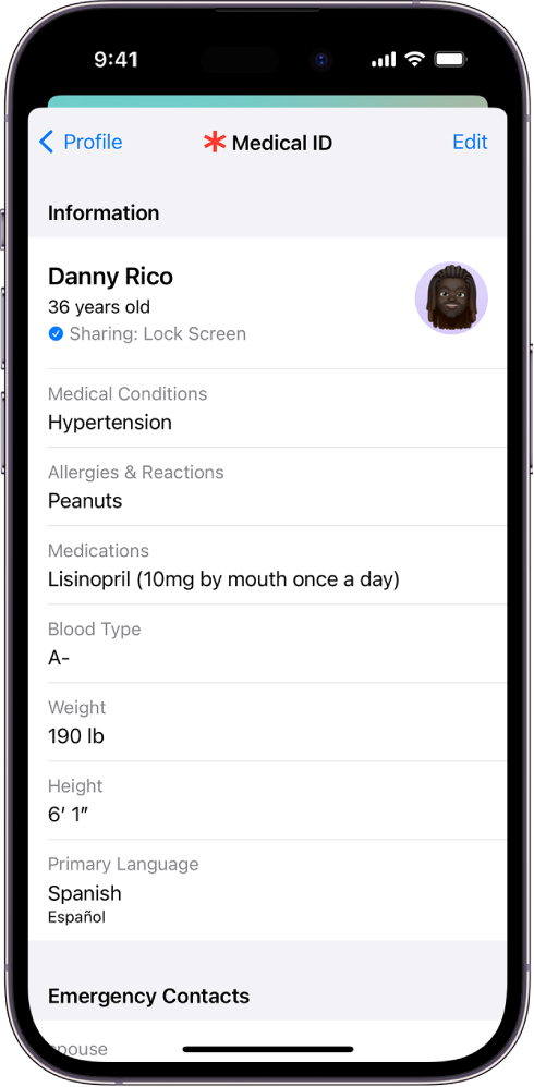 A Medical ID screen containing information including birth date, medical conditions, medications, and an emergency contact.