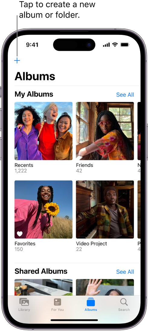 The Albums tab at the bottom of the screen is selected, and the Albums screen shows a number of albums below the headings My Albums and Shared Albums. Next to the My Albums heading is the See All button. In the top-left corner of the screen is the Add button.