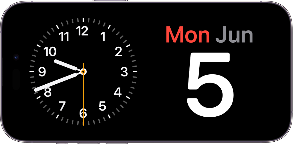 iPhone turned horizontally. The left side of the screen displays a clock and the right side of the screen displays the date.