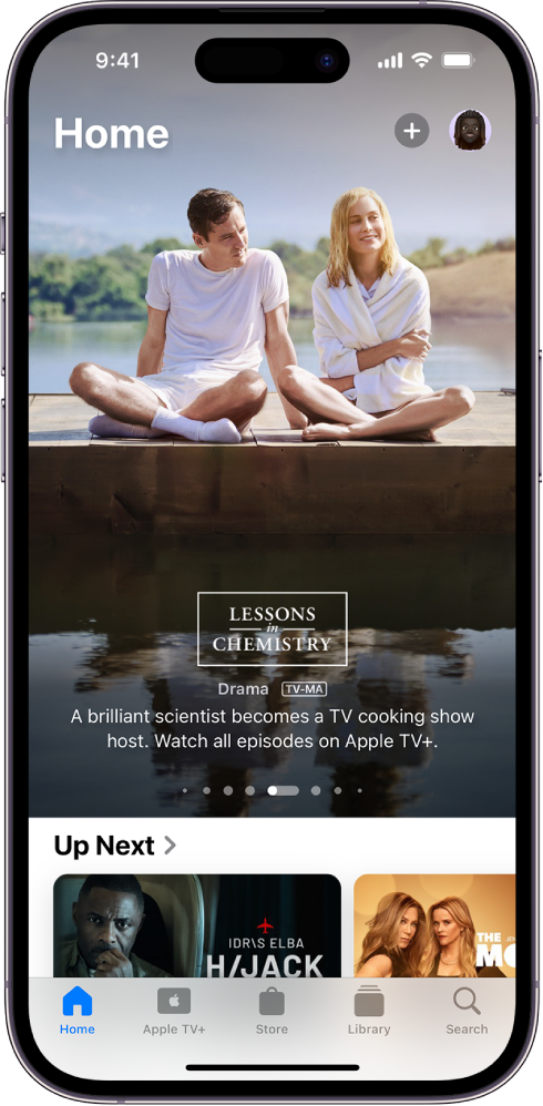 The Home screen showing a featured Apple Original in the center, above the Up Next row. At the bottom, from left to right, are the Home, Apple TV+, Store, Library, and Search tabs.