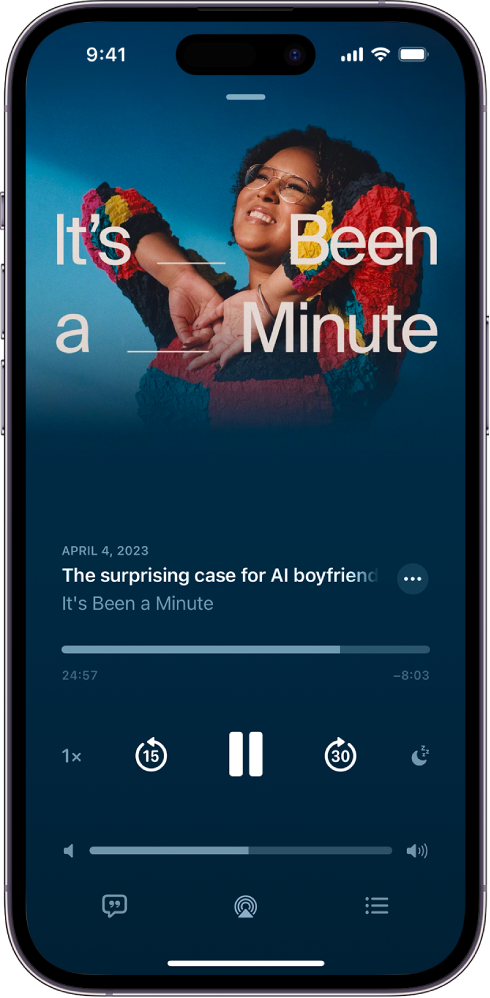 The Now Playing tab in the Podcasts app, showing the podcast artwork, the episode title, the playback controls, and the volume slider. At the bottom of the screen is the AirPlay icon and the Playing Next button.