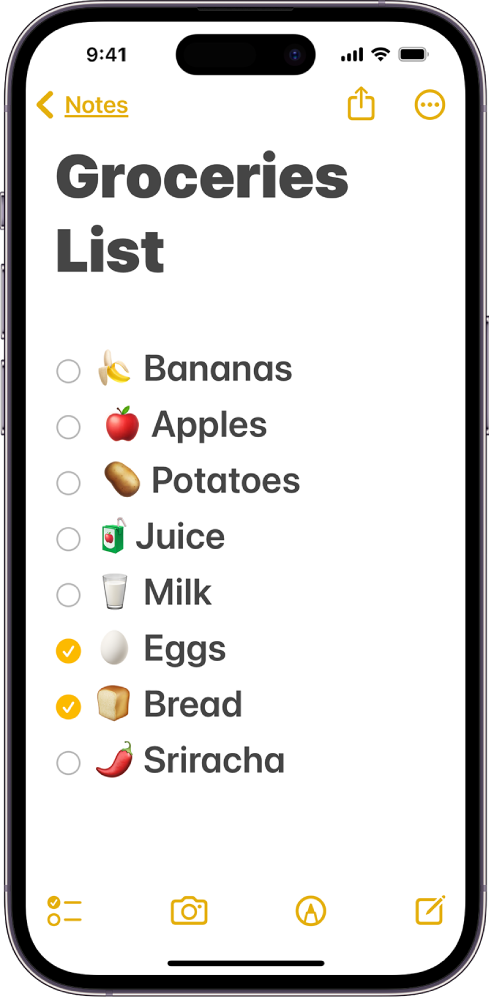 A list in Notes, with bolder text using larger accessibility sizes and with button shapes turned on.