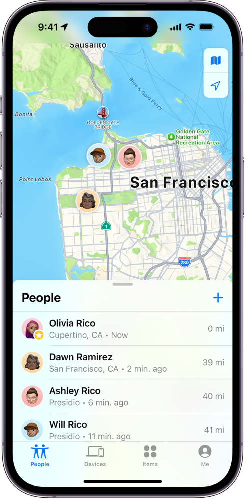 The Find My screen showing the People list and their locations on a map.