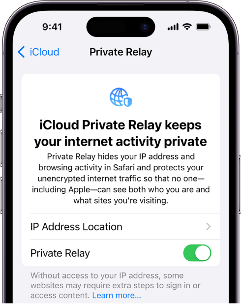 The Settings screen for turning Private Relay on or off.