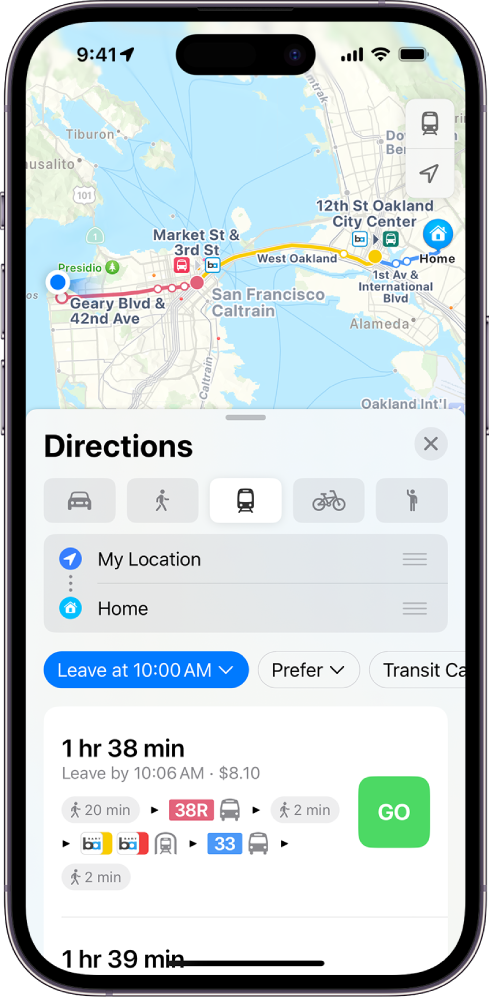 A map showing transit routes. The route card at the bottom provides details for the route, including estimated travel time and total cost. A Go button appears to the right of the details.