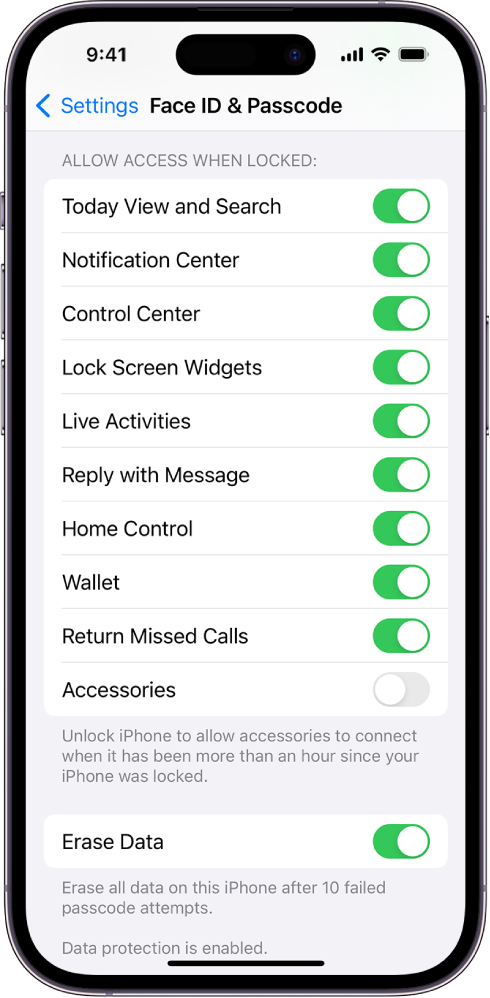 The Face ID and Passcode screen, with settings for allowing access to specific features when iPhone is locked.