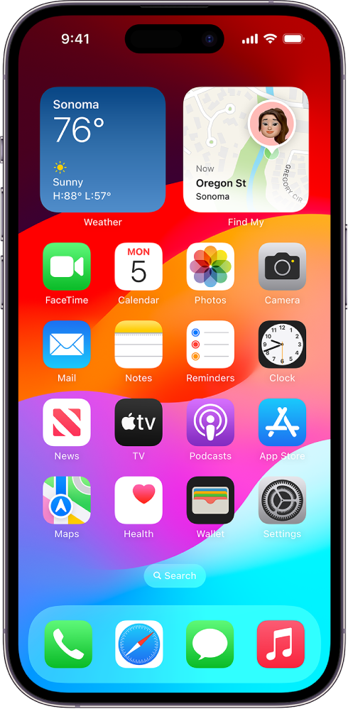 The Home Screen with several app icons, including the Settings app icon, which you can tap to change your iPhone sound volume, screen brightness, and more.