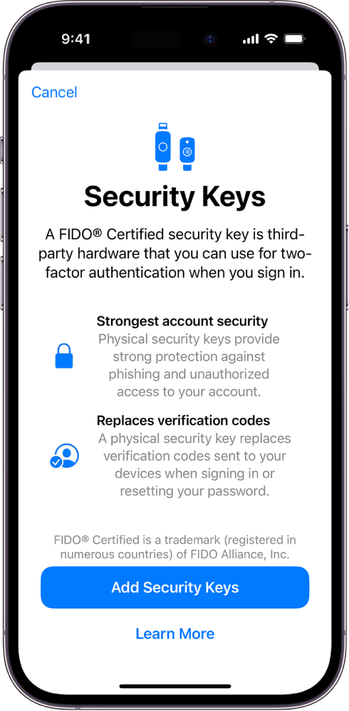 The Security Keys welcome screen. Near the bottom is the Add Security Keys button and a Learn More link. Above them is explanatory text about the benefits of using security keys.