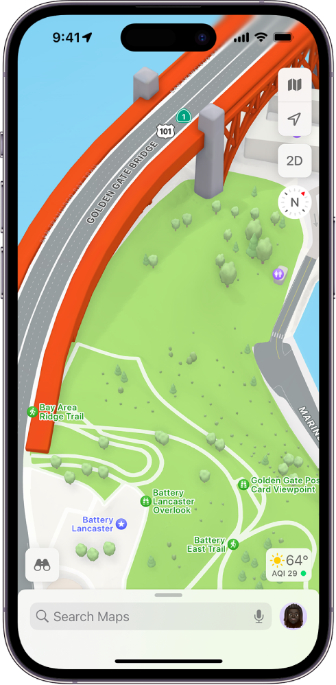 A 3D street and park map showing trees, points of interests, and features like restrooms.