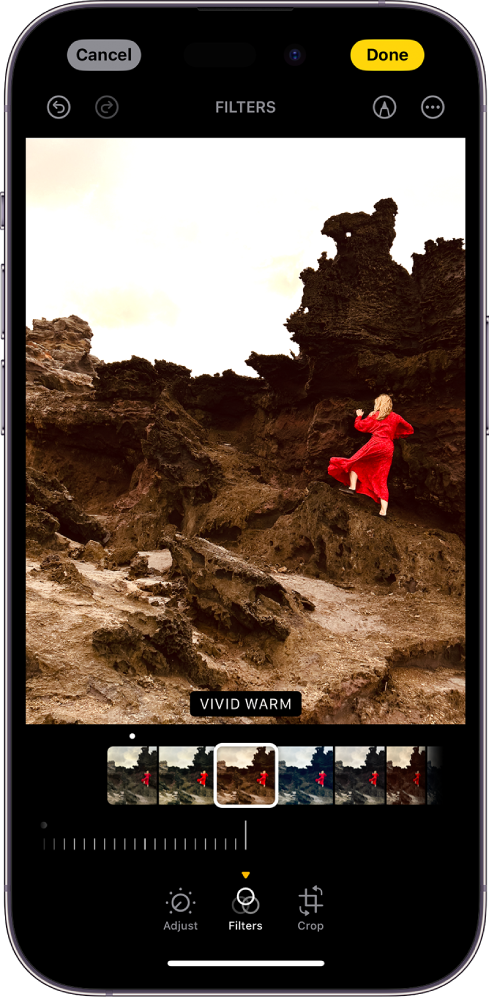 The Edit screen with a photo in the center. At the bottom of the screen, from left to right, are the Adjust, Filters, and Crop buttons. The Filters button is selected and there is a slider to adjust the intensity of the filter. The Cancel button is in the top-left corner of the screen and the Done button is in the top-right corner of the screen. Also at the top of the screen, from left to right, are the Undo, Redo, Filters, Markup, and Plug-ins buttons.