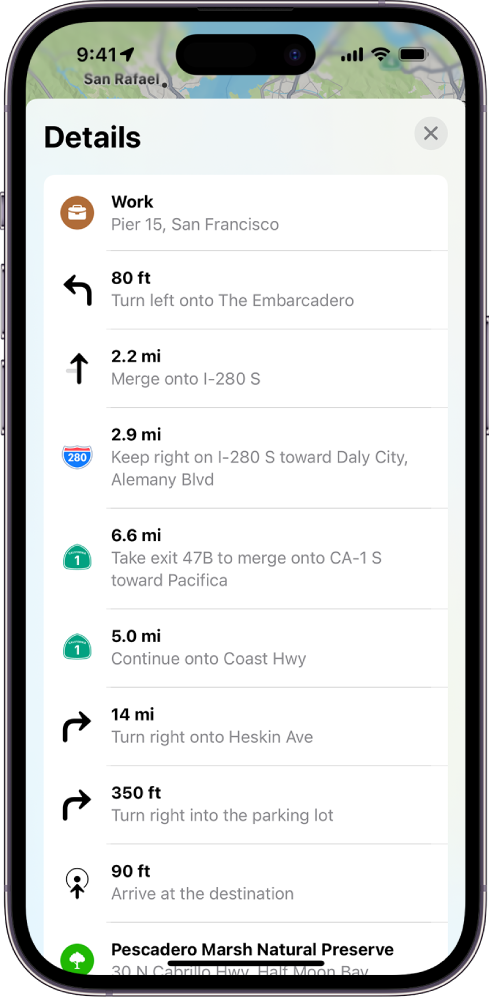 A route’s turn-by-turn directions shown in a list.