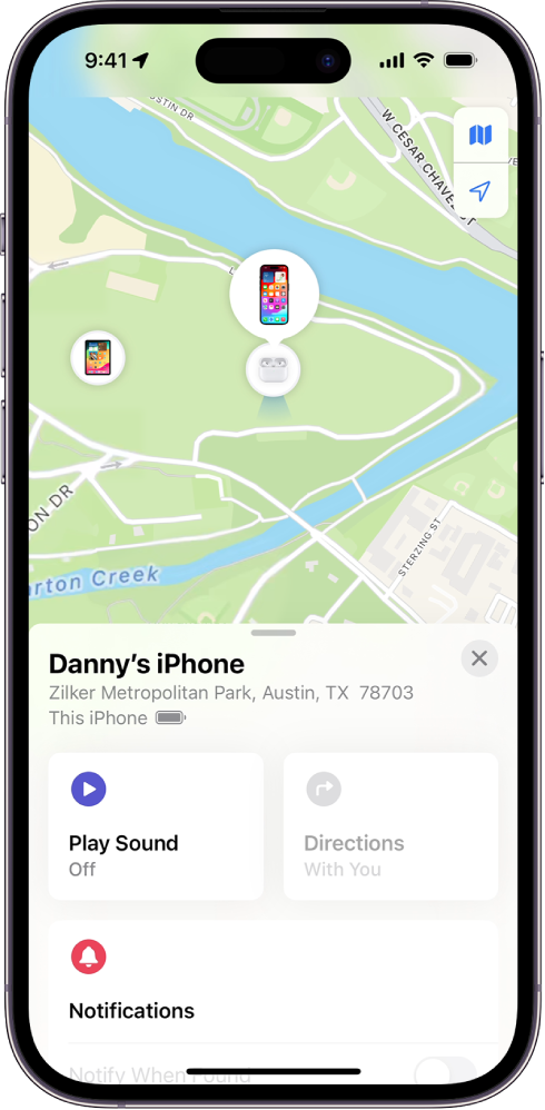 The Find My screen showing the location of an iPhone on a map at the top of the screen.