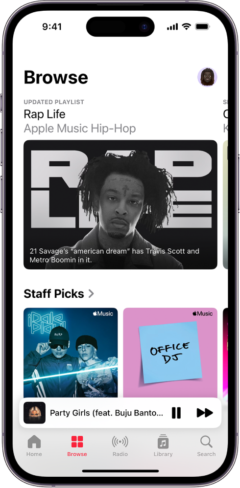  The Browse screen showing a featured playlist at the top. You can swipe left to see more featured music and videos. Staff Picks appears below, showing two Apple Music playlists. You can swipe up on the screen to explore new and recommended music.