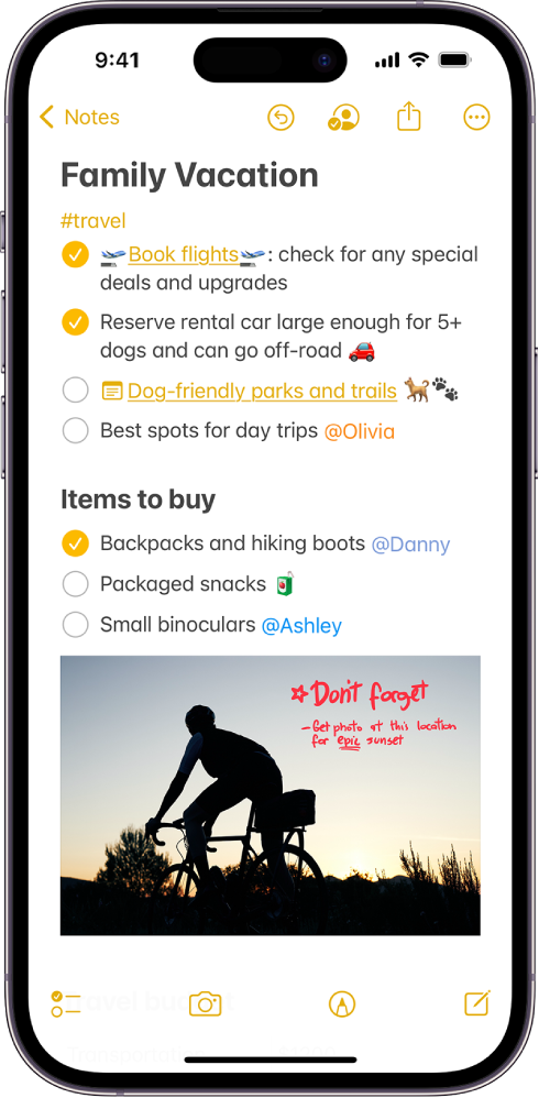  A note showing a to-do list for a family vacation. The note contains a link to a webpage, a link to another note, a list of items to buy, and a photo at the bottom.