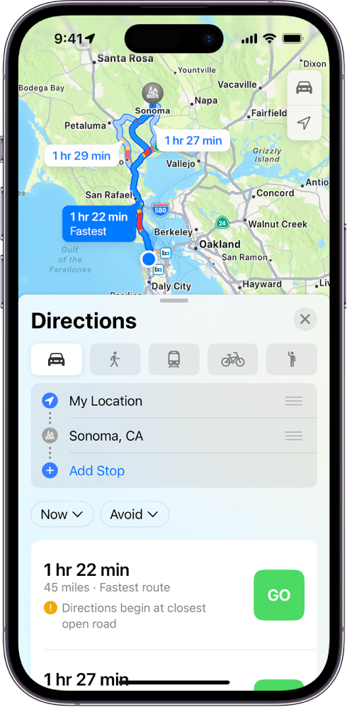 A map showing multiple driving routes between two locations, with the fastest route selected. The route card provides details like estimated travel times, distance, and a brief description. A Go button appears to the right of each route’s details.