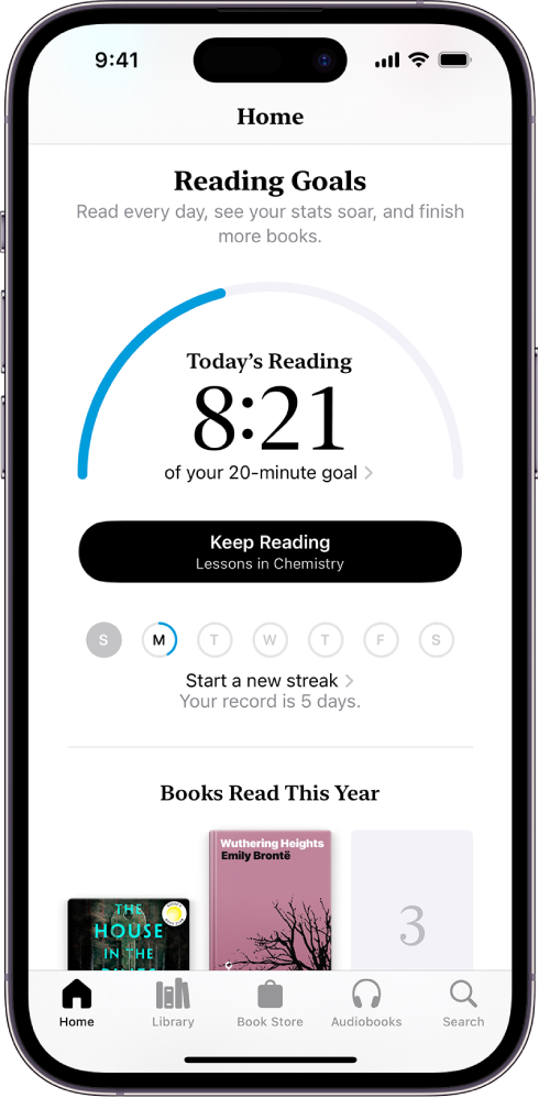  The Reading Goals screen showing stats for the user—such as today’s reading, their reading record for the week, and their books read this year. Across the bottom are the tabs Home (which is selected),  Library, Book Store, Audiobooks, and Search.