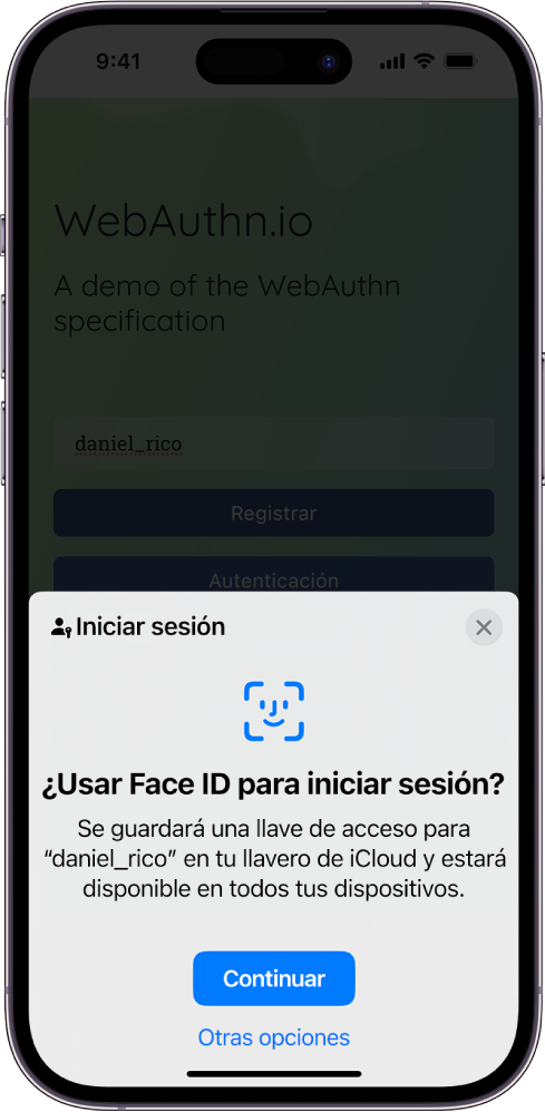 Cuando se guarda una llave de acceso para una cuenta, aparece una pantalla de inicio de sesión. En la parte inferior de la pantalla se muestran los botones Continuar y Otras opciones.