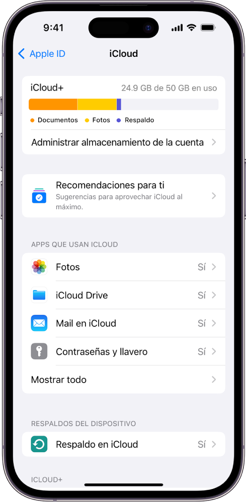 La pantalla de configuración de iCloud mostrando el indicador de almacenamiento de iCloud y una lista de funciones que se pueden usar con iCloud.