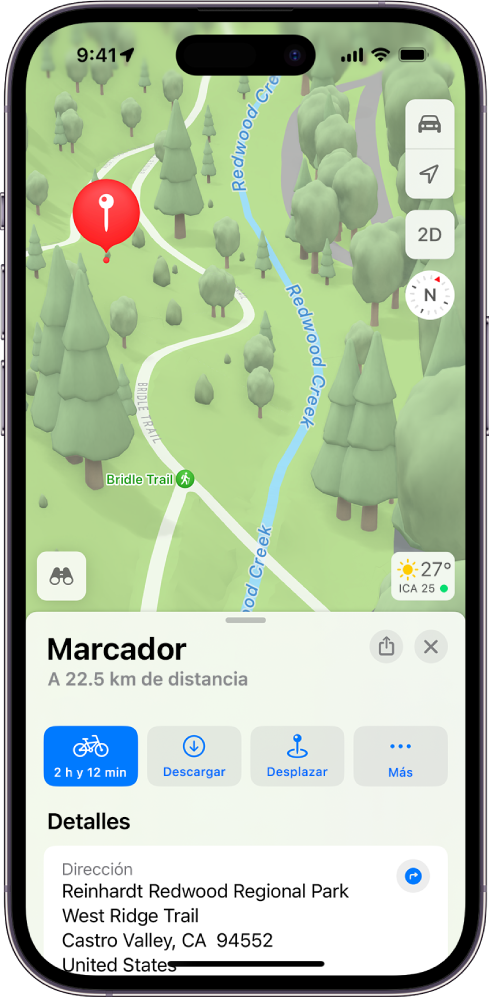 Un mapa mostrando un marcador en un parque. La tarjeta incluye botones para obtener indicaciones hacia el marcador, descargar los alrededores, o reubicar el marcador.