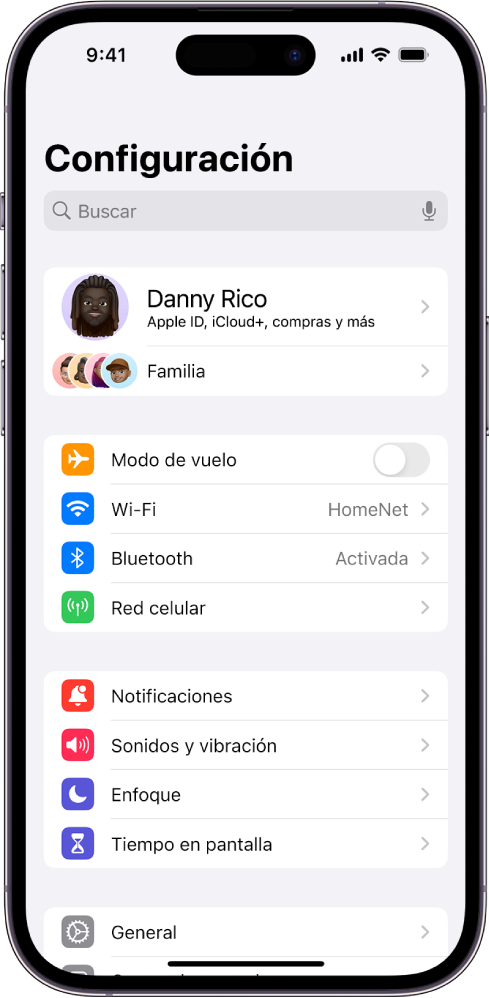 La pantalla de Configuración con el campo de búsqueda en la parte superior y varias configuraciones debajo, como Wi-Fi, Notificaciones y Sonidos y vibración.