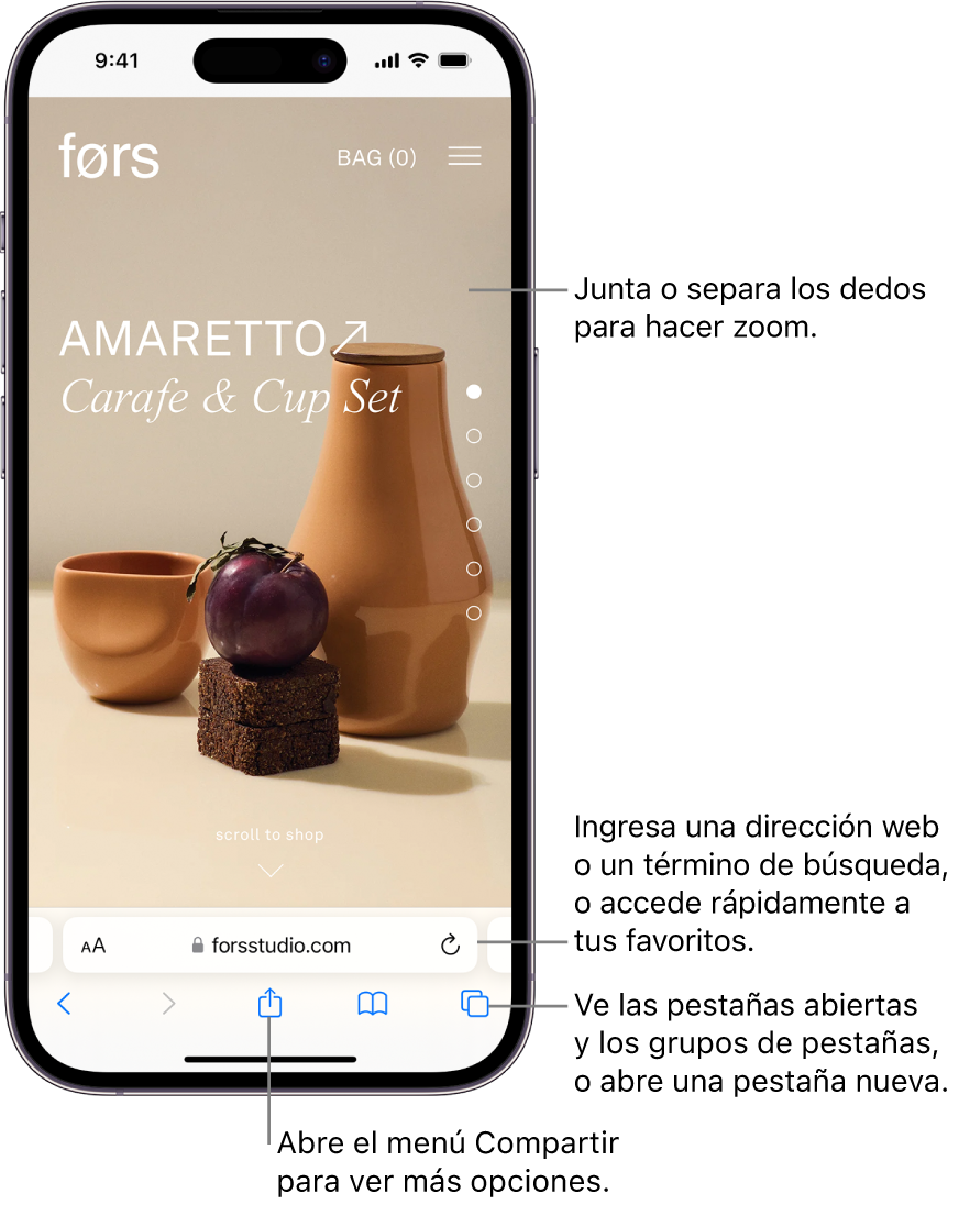 Un sitio web abierto en Safari con el campo de dirección en la parte inferior. A lo largo de la parte inferior, de izquierda a derecha, se encuentran los botones Atrás, Adelante, Compartir, Marcadores y Pestañas.