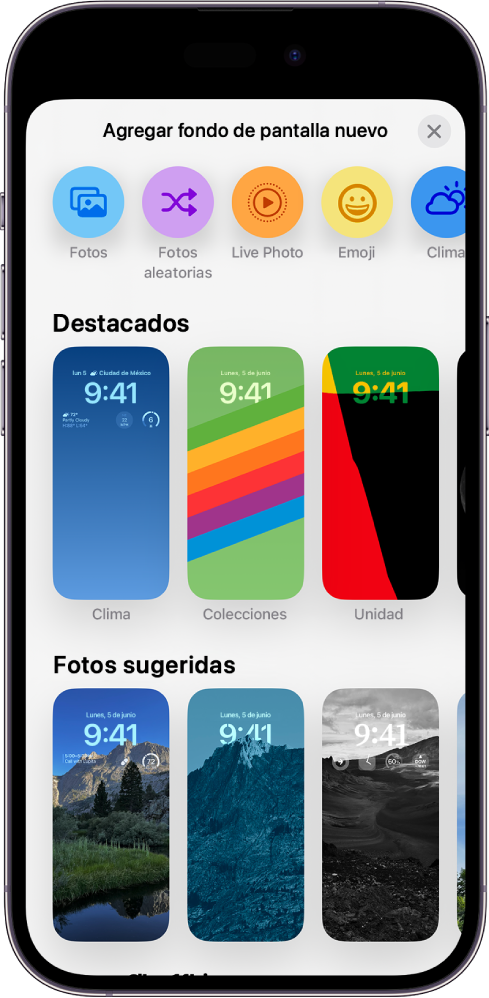 La pantalla Agregar nuevo fondo de pantalla mostrando una galería de opciones de fondos de pantalla para personalizar la pantalla bloqueada del iPhone, con categorías como Destacados sugeridas y Fotos sugeridas. En la parte superior hay botones para agregar a la pantalla bloqueada fotos, personas, una foto aleatoria, emoji y un fondo de pantalla del clima.