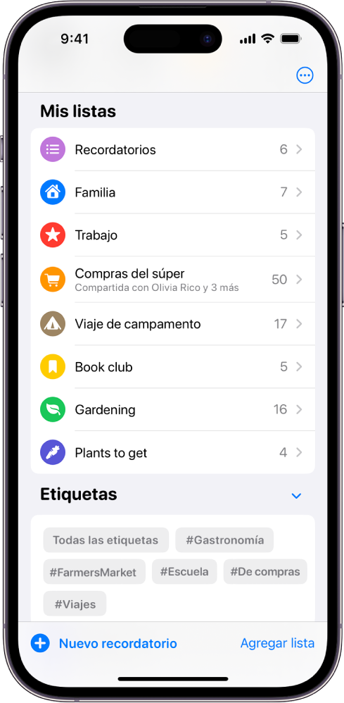 Una pantalla mostrando varias listas en Recordatorios. El explorador de etiquetas está en la parte inferior.