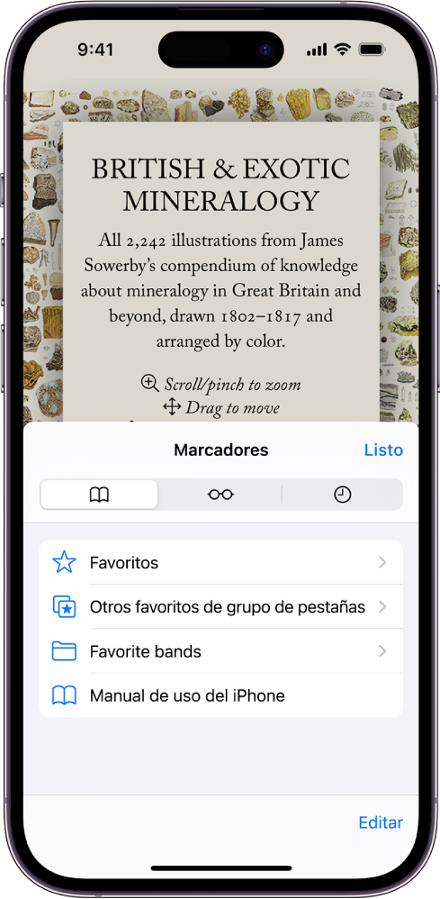 La pantalla Marcadores, con opciones para mostrar los marcadores, las lecturas y el historial de navegación.