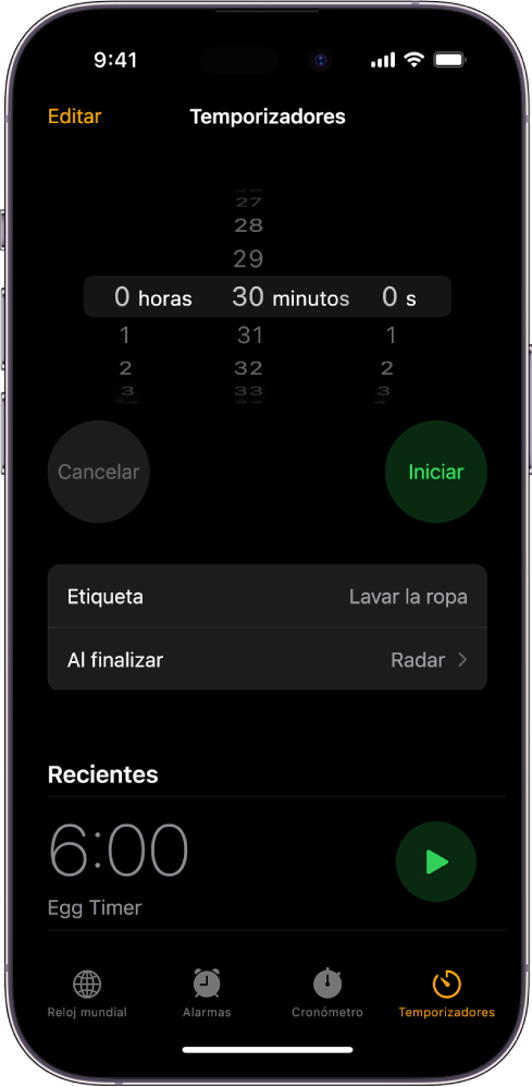 Una pantalla para agregar un temporizador, con opciones para establecer un temporizador y para empezar un temporizador que se creó recientemente.