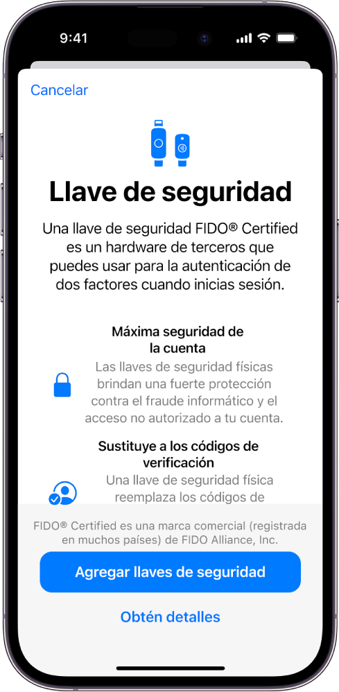 Pantalla de bienvenida a las llaves de seguridad. Cerca de la parte inferior se encuentra el botón Agregar llaves de seguridad y un enlace para obtener detalles. Arriba de estos hay un texto que explica los beneficios de usar las llaves de seguridad.