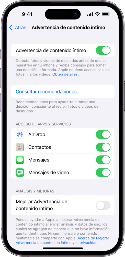 La configuración de Advertencia de contenido íntimo, con un enlace que dice Consultar recomendaciones y un botón llamado Mejorar Advertencia de contenido íntimo que permite compartir datos de uso y análisis con Apple.