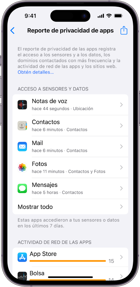 Un reporte de privacidad de apps mostrando información sobre cinco apps de la categoría Acceso a sensores y datos, así como información sobre tres apps para la categoría Actividad de red de las apps.