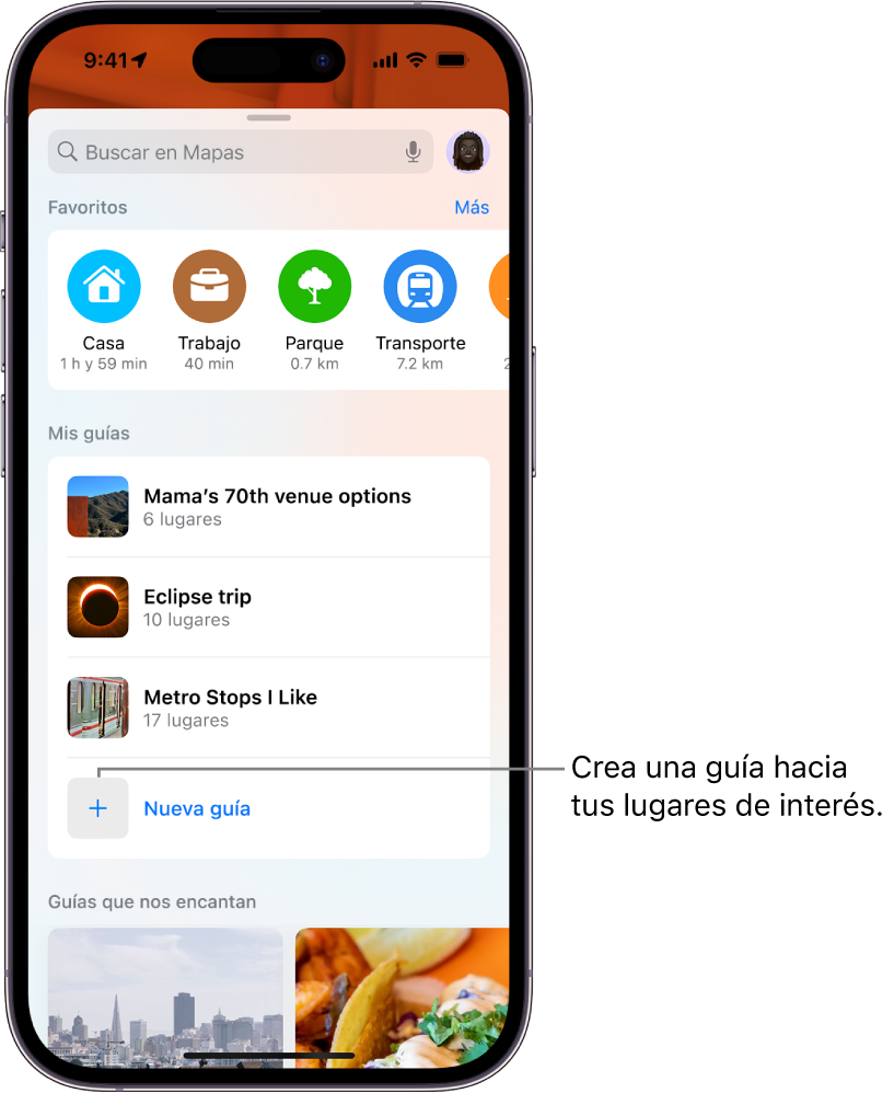 Una tarjeta de búsqueda en Mapas con una lista de varias guías debajo de la sección Mis guías y el botón Guía nueva en el área inferior.