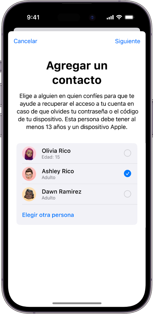 La pantalla Agregar contacto de recuperación mostrando contactos sugeridos para seleccionarlos como contacto de recuperación, y la opción de seleccionar a alguien más.